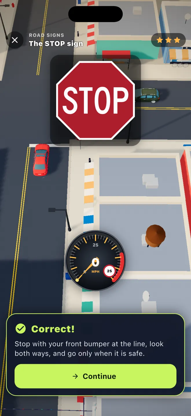 Correct answer screen in Learner Lane after stopping at the line, with a Continue button