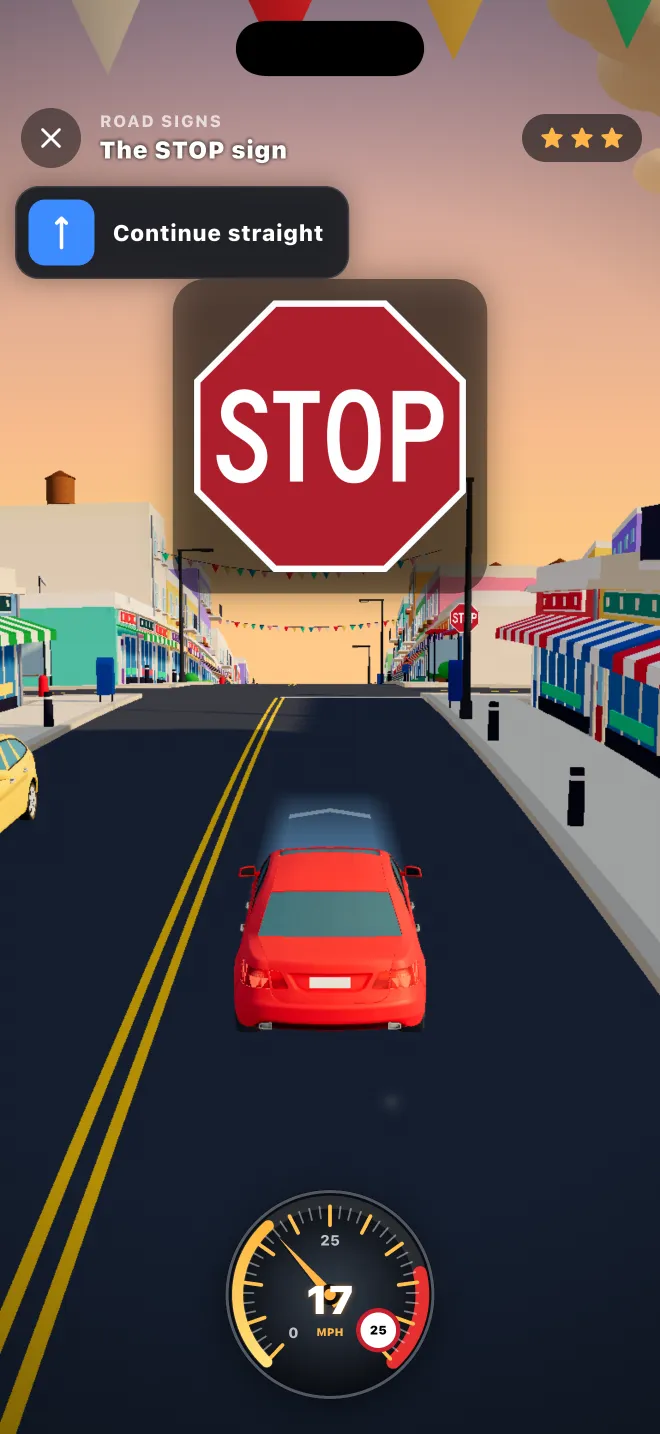 Learner Lane asking what to do when approaching a STOP sign, with three answer choices