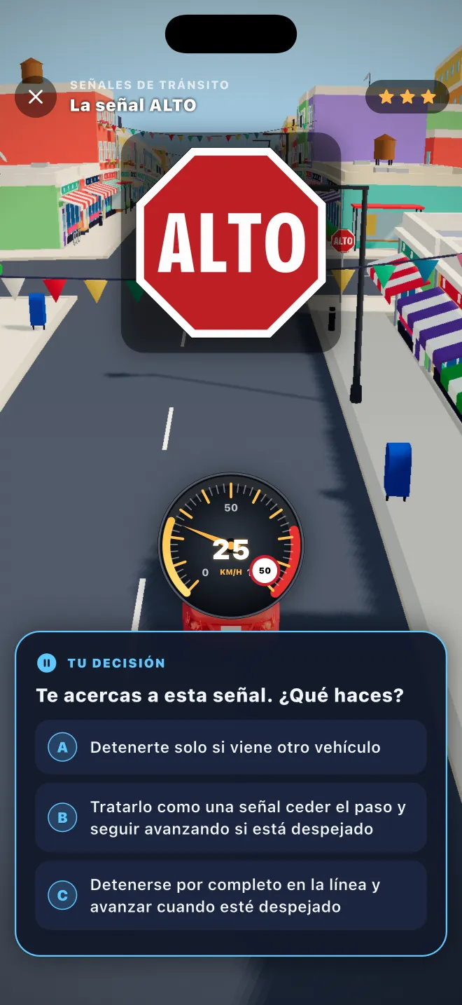 Learner Lane pregunta qué hacer al acercarse a una señal de ALTO, con tres opciones de respuesta
