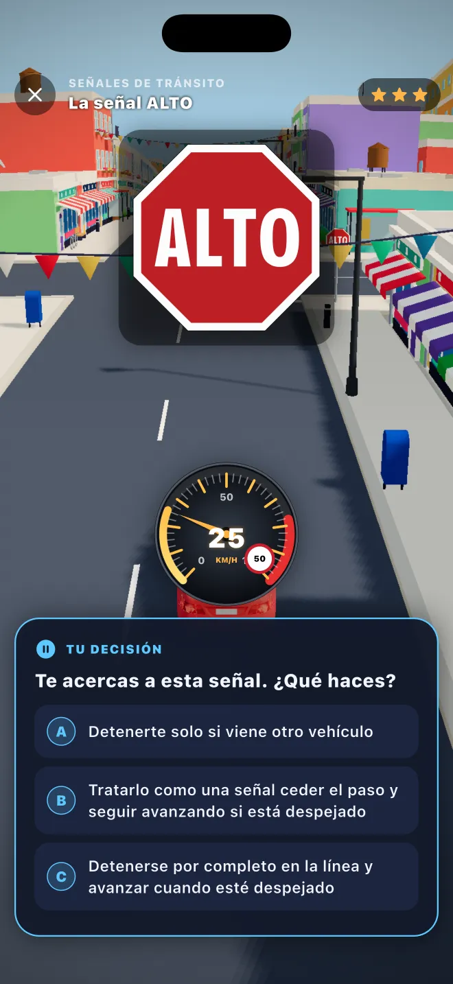 Nivel 3D de Learner Lane: acercándose a una señal de ALTO en una calle de la ciudad