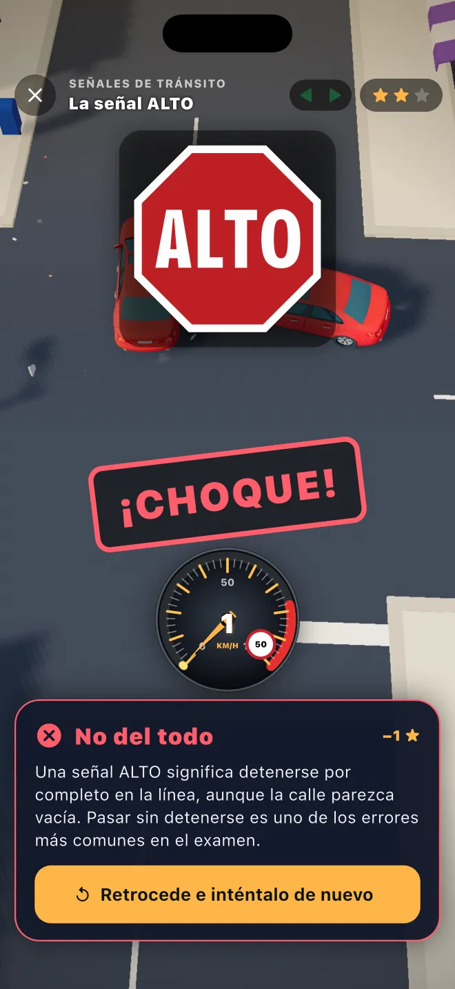 Un choque en una señal de ALTO en Learner Lane, con una explicación de la regla