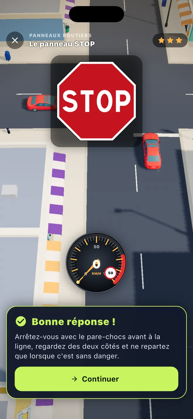 Écran de bonne réponse dans Learner Lane après un arrêt à la ligne, avec un bouton Continuer
