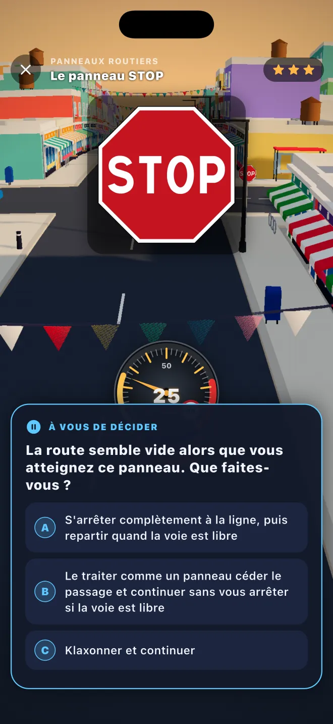 Learner Lane demande quoi faire à l'approche d'un panneau STOP, avec trois choix de réponse