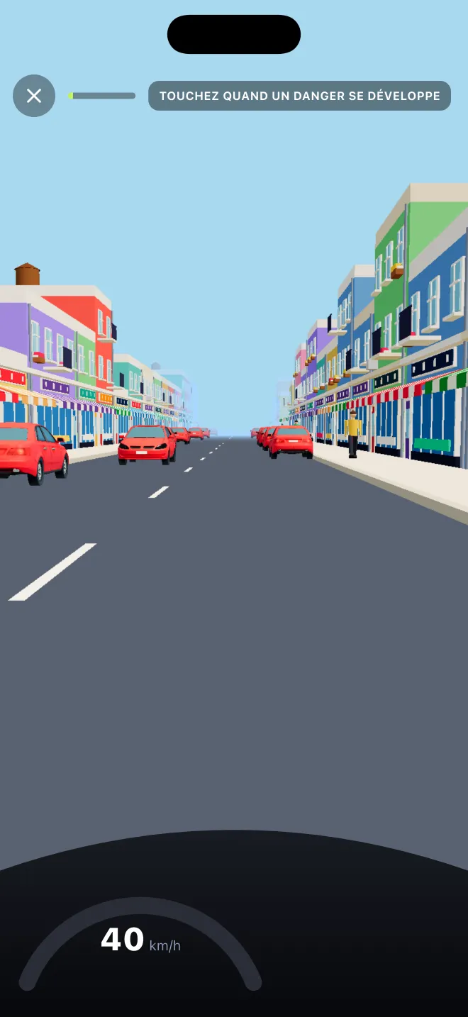 Séquence de perception des risques dans Learner Lane : touchez l'écran quand un danger se développe dans une rue bordée de voitures stationnées