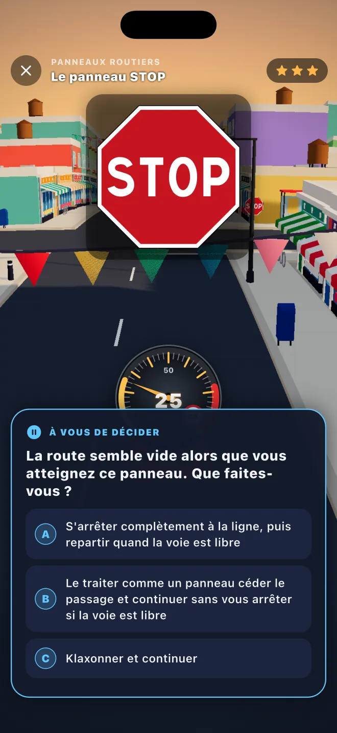 Niveau 3D de Learner Lane : à l'approche d'un panneau STOP dans une rue en ville