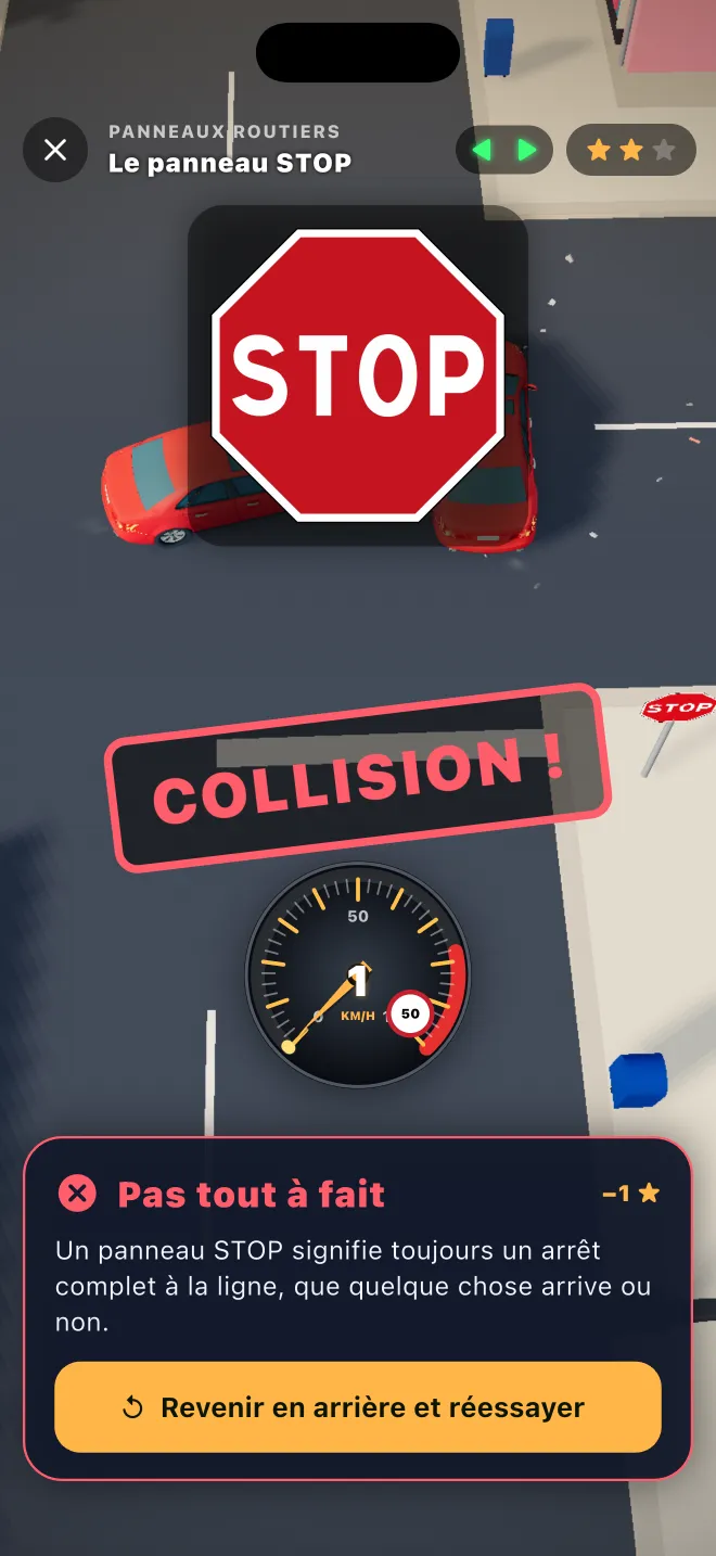 Une collision à un panneau STOP dans Learner Lane, avec l'explication de la règle