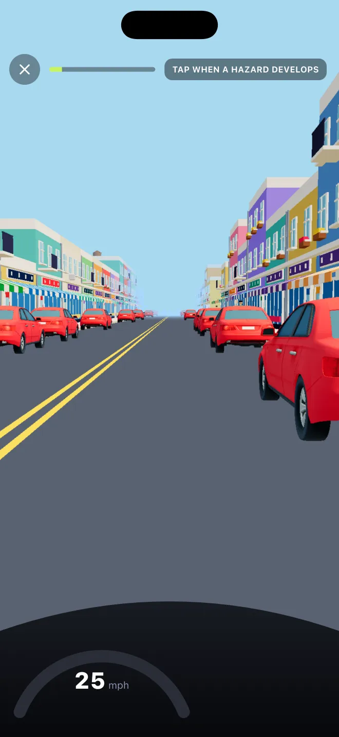 Learner Lane hazard perception clip: tap when a hazard develops on a street lined with parked cars