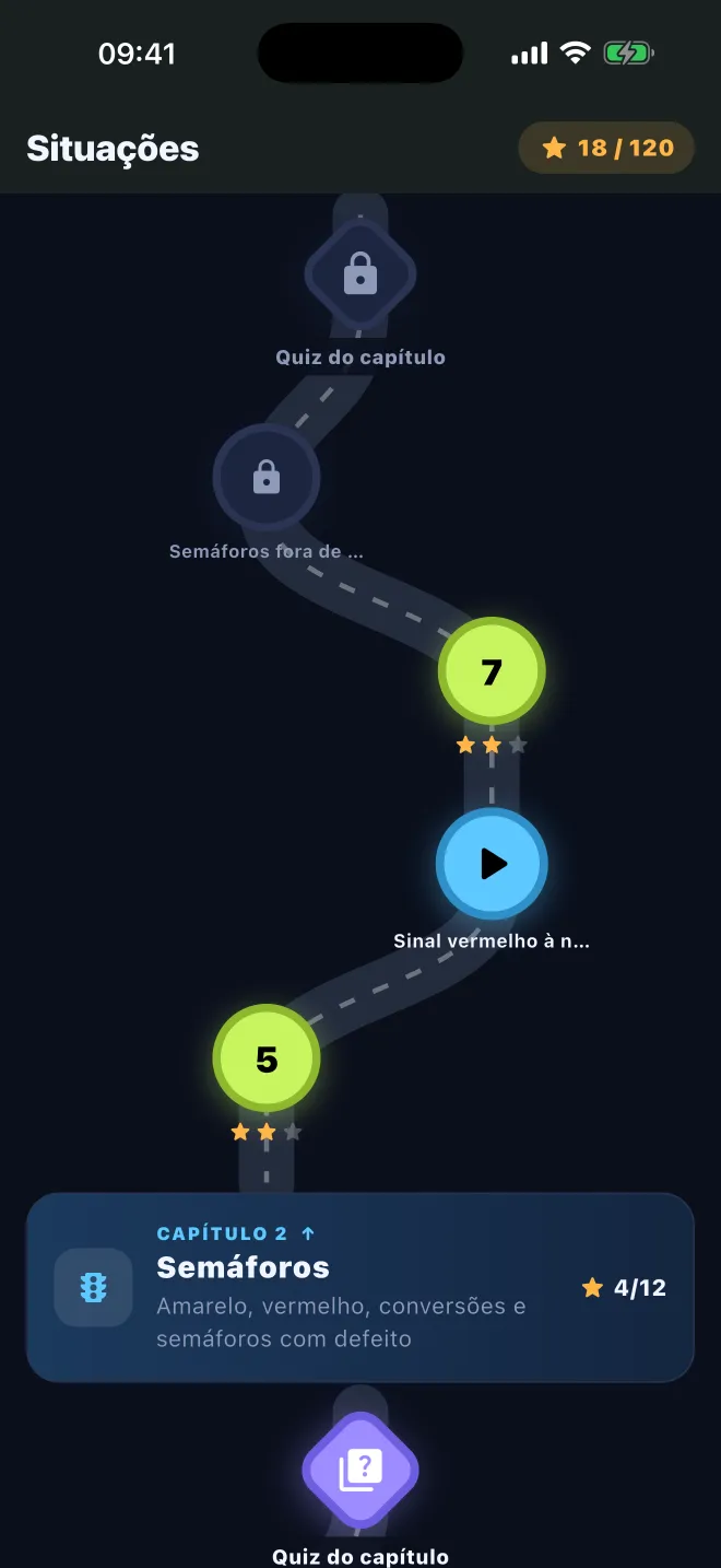 Mapa de capítulos do Learner Lane com níveis em 3D