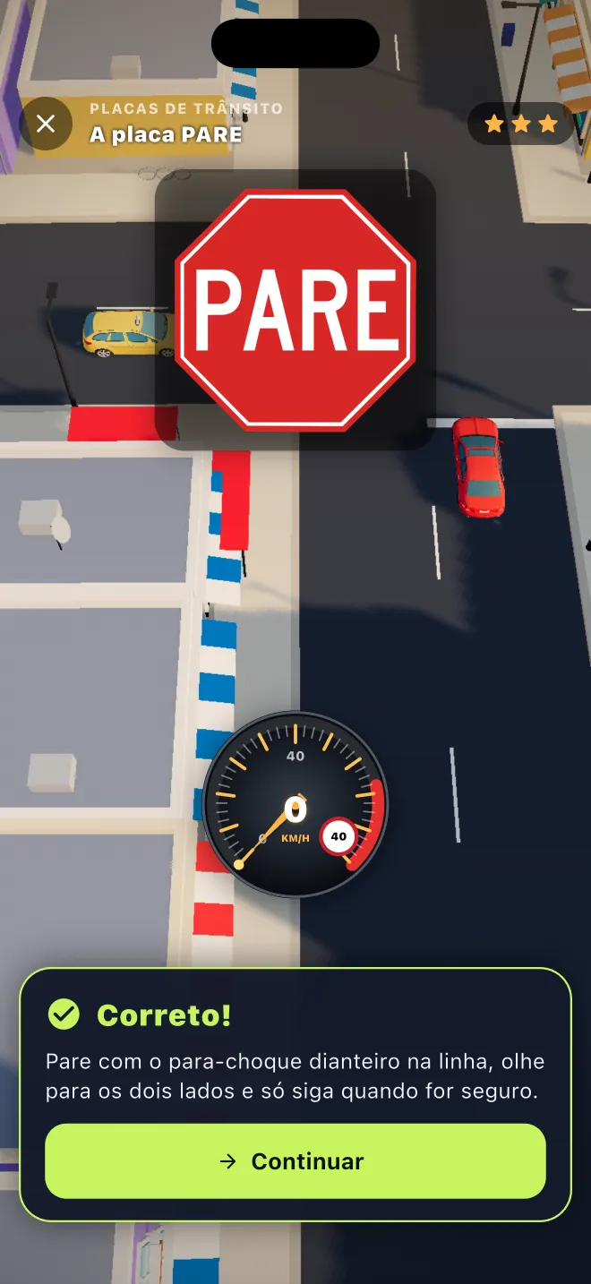 Tela de resposta correta no Learner Lane depois de parar na linha, com um botão Continuar
