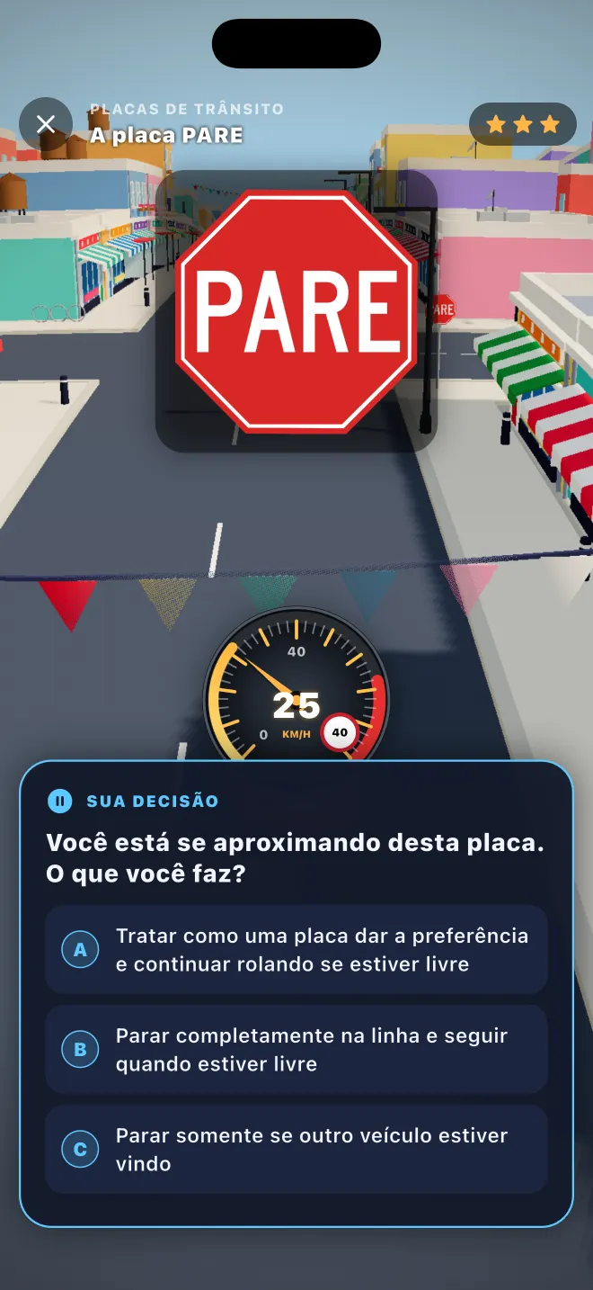 Learner Lane perguntando o que fazer ao chegar a uma placa de PARE, com três opções de resposta
