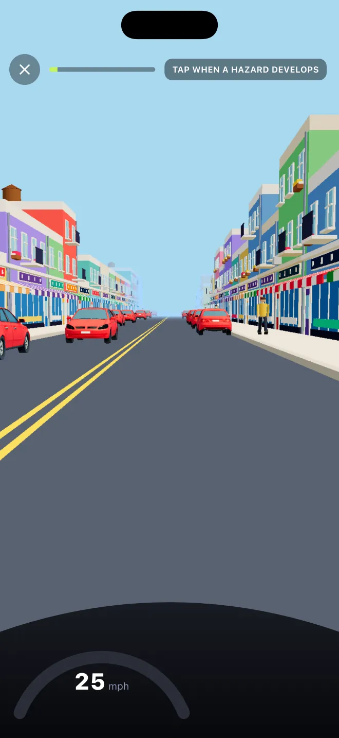 Clipe de percepção de riscos do Learner Lane: toque quando um risco se desenvolver numa rua com carros estacionados