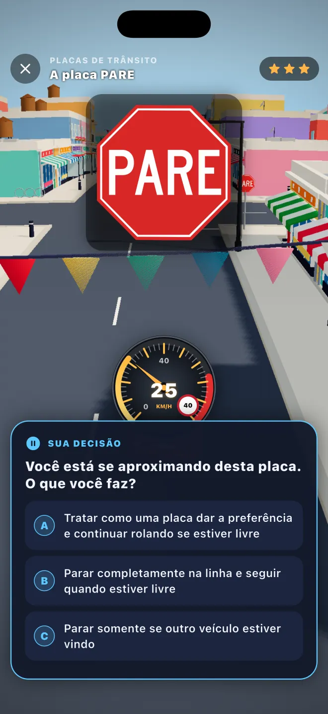 Nível 3D do Learner Lane: chegando a uma placa de PARE numa rua da cidade