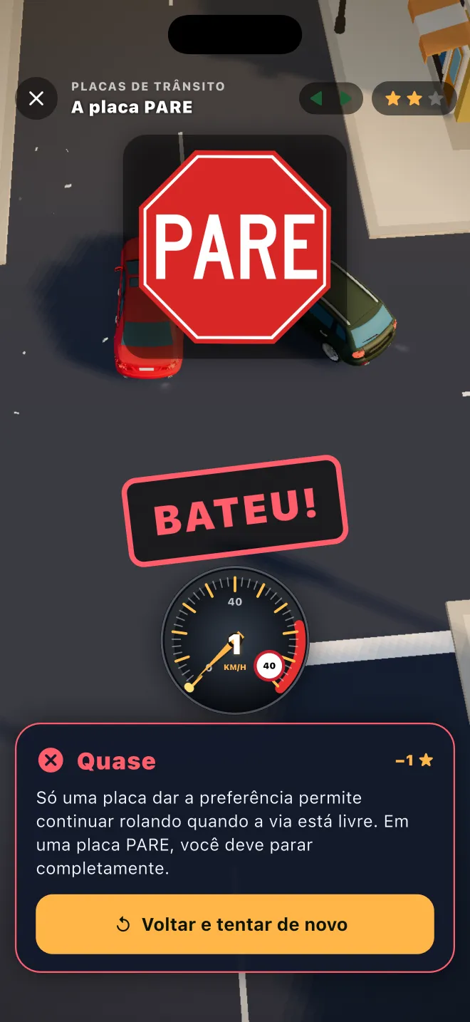 Uma batida numa placa de PARE no Learner Lane, com a explicação da regra