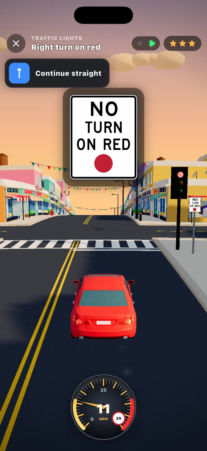 Learner Lane 3D level: a NO TURN ON RED sign at a traffic light