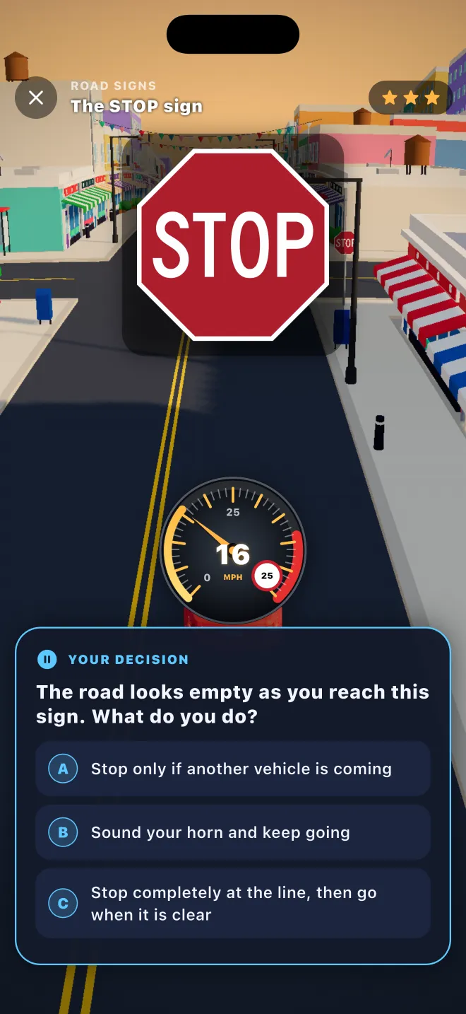 Learner Lane 3D level: approaching a STOP sign on a city street