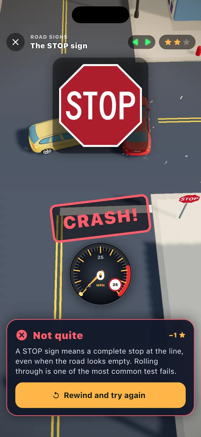A crash at a STOP sign in Learner Lane with the explanation that a STOP sign means a complete stop at the line